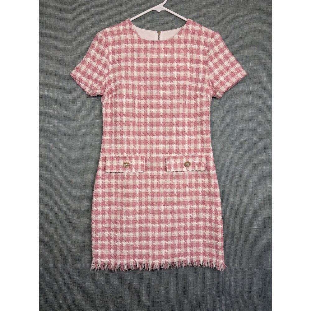 New BEBOP Size Small JUNIORS Houndstooth Tweed Dress Faux Pockets Pink/White